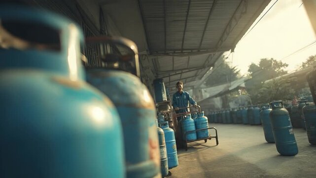 Gas Cylinder Worker: An industrial scene unfolds with a worker diligently transporting gas cylinders, showcasing the hard work and essential services within a commercial facility.
