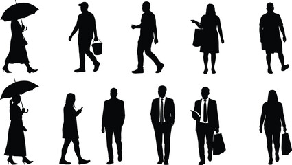 Walking silhouettes cad drawing flat vector illustration, ten human figures with umbrella, bags, folders, and casual gestures, front view layoutWalking silhouettes cad drawing flat vector illustration