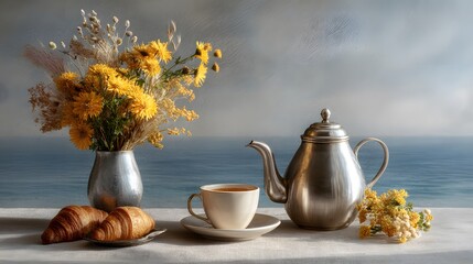 Coastal Breakfast with Croissants, Coffee, and Yellow Wildflowers – Peaceful Outdoor Scene Blending Rustic Elegance and Natural Calm