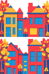 Cartoon town with colorful buildings and trees in the autumn