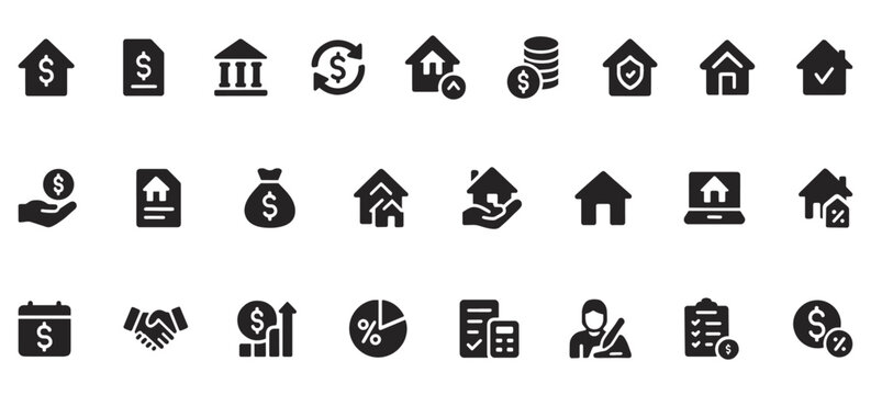 Loans & Mortgages Glyph Icons Pack &ndash; Unique Finance and Real Estate Icons for Banking, Lending, Home Buying, and Financial Apps