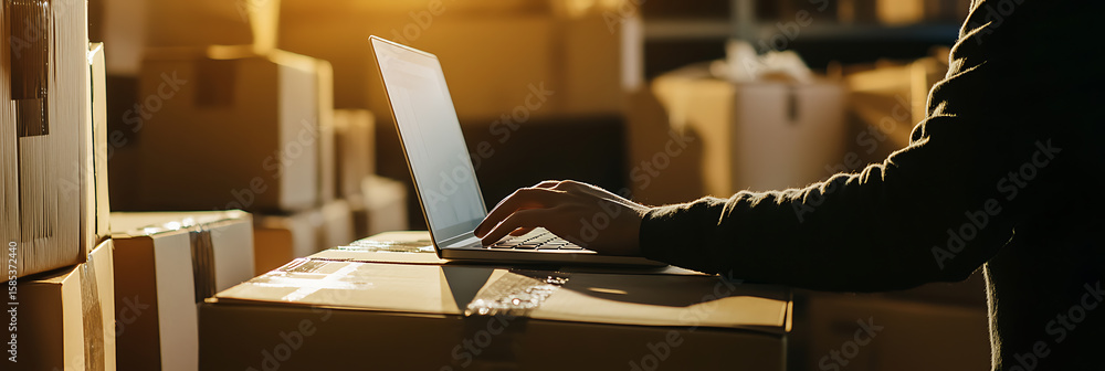 Poster worker uses a laptop while surrounded by boxes in a warehouse setting. efficient logistics and inven