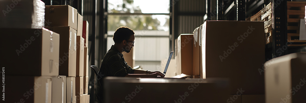 Poster worker using a laptop amidst stacked boxes in a warehouse. efficient inventory management and modern