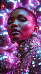 fashionable woman in iridescent outfit with mirrored disco ball elements
