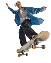Skater performing kickflip with intense focus and bent knees in dramatic upward motion, on...