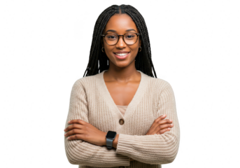 A young african american woman with braids and glasses is smiling isolated on transparent background
