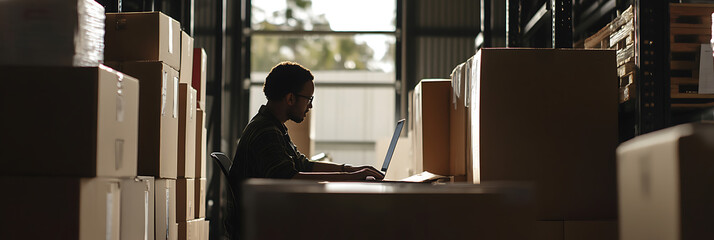 Worker using a laptop amidst stacked boxes in a warehouse. Efficient inventory management and modern logistics in the distribution center.