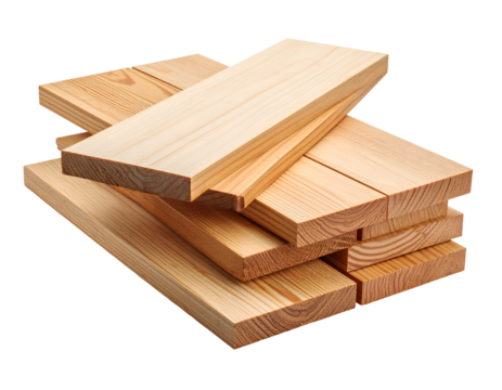 Stack of smooth wooden planks ready for construction or crafting projects. Isolated transparent background