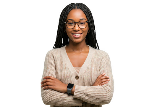 A young african american woman with braids and glasses is smiling isolated on transparent background