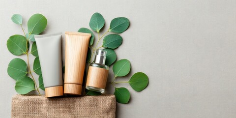 Cosmetic bottles with eucalyptus flowers towels and linen on pastel background top view flat lay natural organic skincare and spa concept perfect for beauty product branding body care wellness design