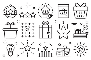 Collection of black line art icons representing shopping and rewards shopping cart shopping bag