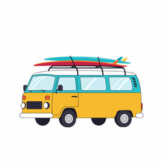 Classic surf van parked and ready for an adventure at beach, this vintage vehicle shows colorful surfboards on top. Nostalgic surf van reflects warm lifestyle, surfing adventure,