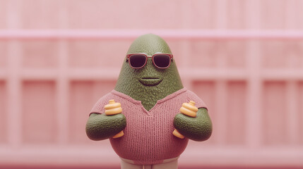 a surreal avocado with sunglasses acting like a fitness coach, holding tiny dumbbells, pastel gym background