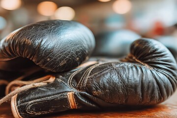Worn boxing gloves rest on a wooden surface.  Close-up view of leather