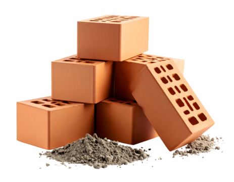 Stack of bricks with mortar. Isolated transparent background
