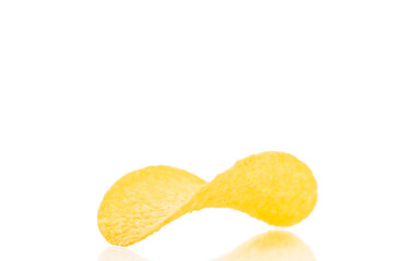 Potato chips isolated on white background, close-up.