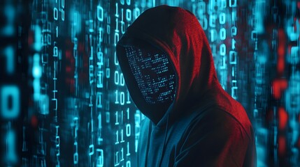Cybersecurity Threat: A hooded figure, shrouded in mystery and digital code, epitomizes the ever-present specter of cybercrime and data breaches.
