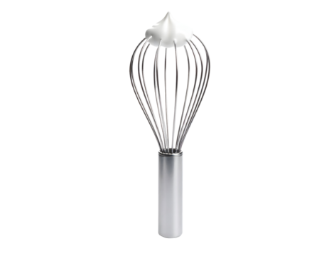 Stainless steel cooking whisk with a silver handle. Isolated transparent background