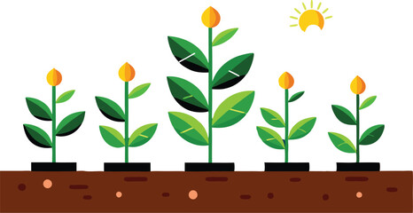 A illustrations depicting the stages of plant growth, from seed to fully bloomed flower, often with elements of human interaction like watering can