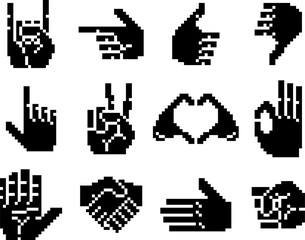 Set of bold black 8 bit pixel art hand gestures, including peace, love, OK, and thumbs up. Retro digital aesthetic with simplified shapes, evoking early iconography and nostalgic gaming styles.