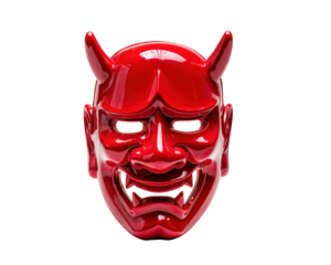 Red demon face mask with tusks, angry expression, glossy finish, traditional style, cultural art, isolated on transparency background, evokes fear and intensity