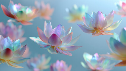Fototapeta premium Shimmering Pastel Lotus Flowers on Blue Background