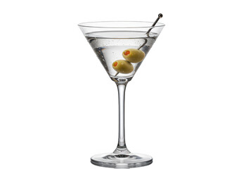 A classic martini cocktail with olives in a clear glass, isolated on transparent background