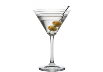 A classic martini cocktail with olives in a clear glass, isolated on transparent background
