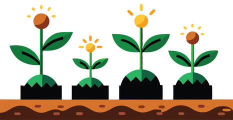 A illustrations depicting the stages of plant growth, from seed to fully bloomed flower, often with elements of human interaction like watering can