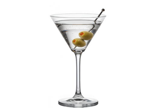 A classic martini cocktail with olives in a clear glass, isolated on transparent background - Powered by Adobe