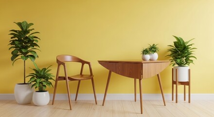 Obraz premium Modern interior design featuring a wooden table and chair against a vibrant yellow wall with plants