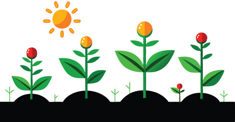 A illustrations depicting the stages of plant growth, from seed to fully bloomed flower, often with elements of human interaction like watering can