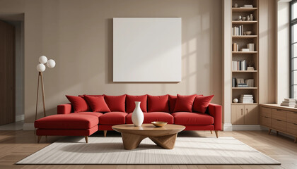 Modern interior with red sofa and minimalist decor in cozy living room featuring blank frame and natural lighting on beige background. 3D Rendering