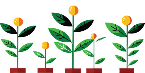 A illustrations depicting the stages of plant growth, from seed to fully bloomed flower, often with elements of human interaction like watering can