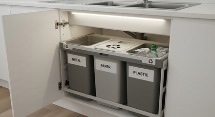 Illustration of modern kitchen cabinet opens to reveal pullout system with three organized bins for sorting metal, paper, and plastic waste