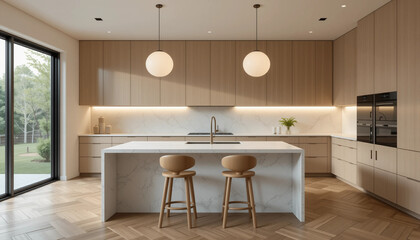 Modern minimalist kitchen with wooden cabinets and light marble island. 3D Renderin