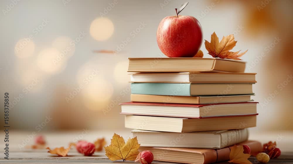 Poster stack of books with a shiny red apple on top, surrounded by autumn leaves and berries, creating a wa