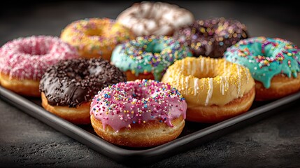 Assorted donuts with colorful sprinkles on tray, sweet dessert variety for bakery display, party or food styling