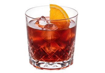 A negroni cocktail with ice and an orange slice in a glass, isolated on transparent background