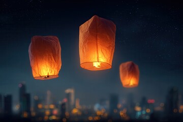 glowing sky lanterns floating in a dark night sky 