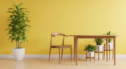Fototapeta premium Modern interior design featuring a wooden table and chairs, surrounded by lush green plants against a vibrant yellow wall