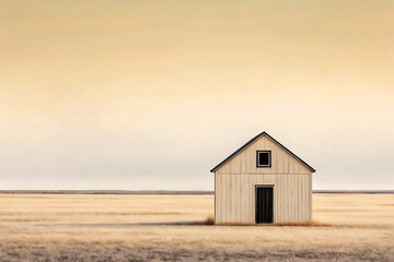 Solitary weathered wooden barn stands in a vast dry grassy field under a pale sky