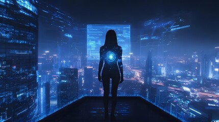 Digital Horizon: A figure, silhouetted against a futuristic cityscape, is absorbed in a digital interface, embodying the fusion of technology and human potential.