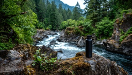 Black Water Bottle on Rock Overlooking River in Forest Background, High-angle Shot of Black Thompson CFxancore picnic water bottle sitting alone on rock overlooking river flowing.