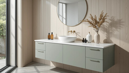 Modern bathroom interior with round white sink, wood panel wall, green vanity, and decorative vases on countertop. Minimalist and natural design.. 3D