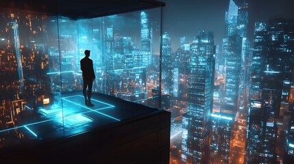 City Horizon: A lone figure surveys a futuristic cityscape from a high vantage point, contemplating the intricate network of lights and technology that shapes the urban landscape.