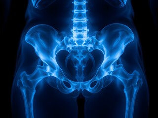 Striking anatomical X ray shows human hip bone structure and spinal cord glowing in bright blue hues against black