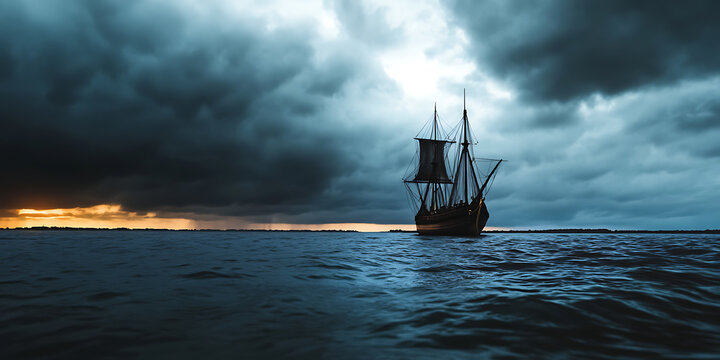 Tall ship navigates stormy seas under dark, threatening clouds. A dramatic scene evoking adventure and nautical history. - Powered by Adobe