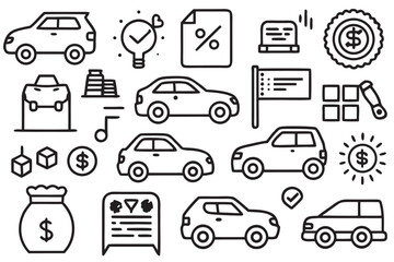 Collection of car and finance related icons with a white background automobile vehicle