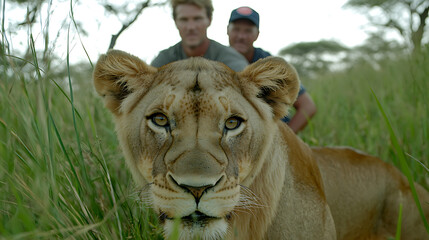 Obraz premium A captivating lioness portrait, eye-to-eye with the viewer, set against a backdrop of tall grasses and two distant figures. Nature meets observation.